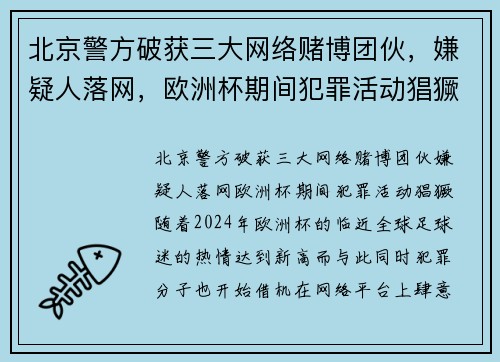 北京警方破获三大网络赌博团伙，嫌疑人落网，欧洲杯期间犯罪活动猖獗