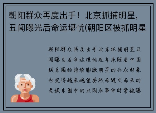 朝阳群众再度出手！北京抓捕明星，丑闻曝光后命运堪忧(朝阳区被抓明星)