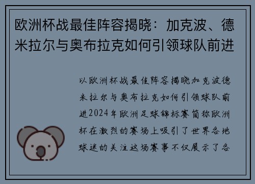 欧洲杯战最佳阵容揭晓：加克波、德米拉尔与奥布拉克如何引领球队前进