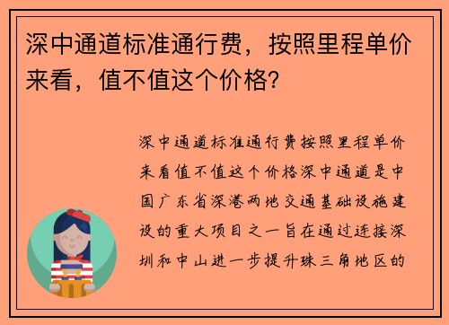 深中通道标准通行费，按照里程单价来看，值不值这个价格？