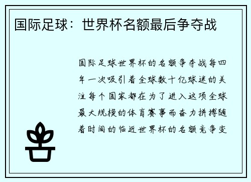 国际足球：世界杯名额最后争夺战