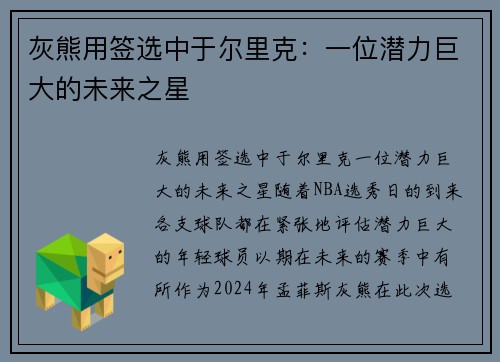 灰熊用签选中于尔里克：一位潜力巨大的未来之星