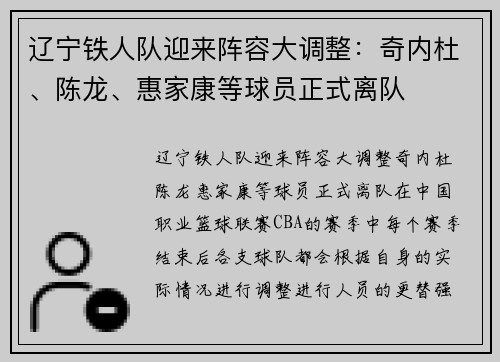 辽宁铁人队迎来阵容大调整：奇内杜、陈龙、惠家康等球员正式离队