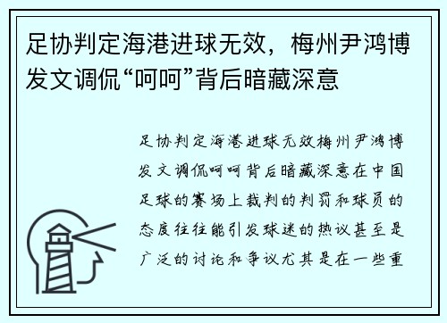 足协判定海港进球无效，梅州尹鸿博发文调侃“呵呵”背后暗藏深意