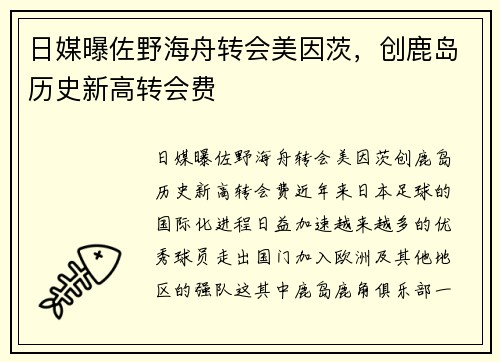 日媒曝佐野海舟转会美因茨，创鹿岛历史新高转会费