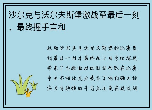 沙尔克与沃尔夫斯堡激战至最后一刻，最终握手言和