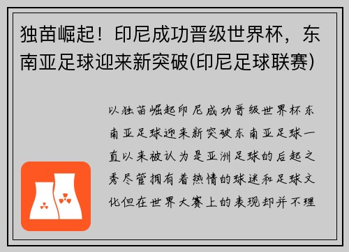 独苗崛起！印尼成功晋级世界杯，东南亚足球迎来新突破(印尼足球联赛)
