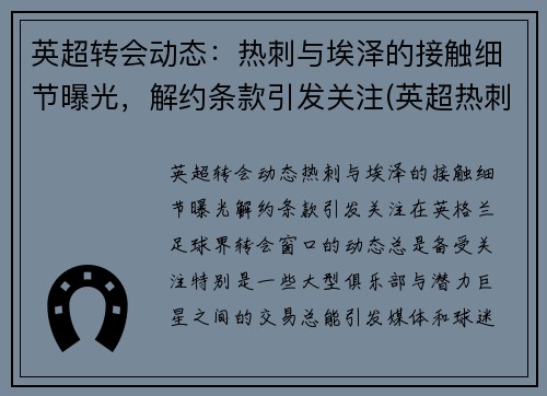 英超转会动态：热刺与埃泽的接触细节曝光，解约条款引发关注(英超热刺比赛推迟)